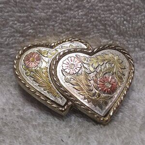 Small Double Heart Buckle Pink Flowers Gold Leaves W Brand USA Made Great